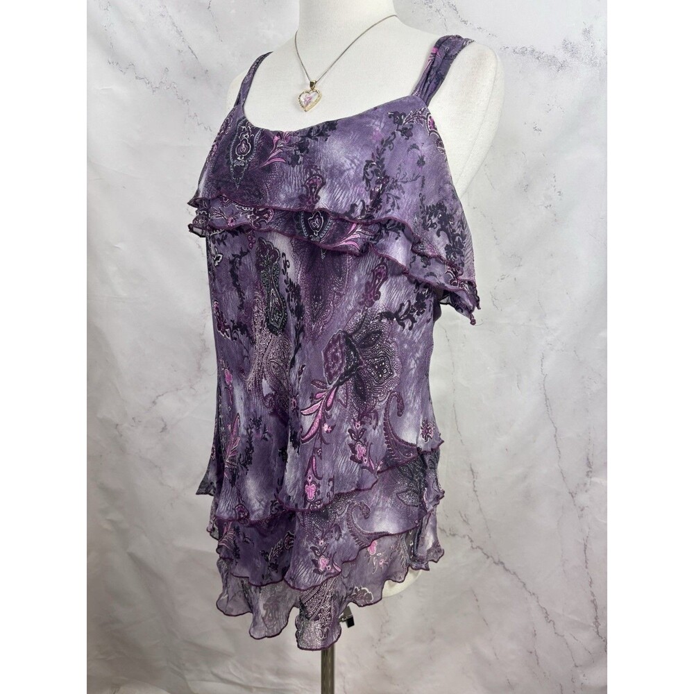 Vtg Y2k Silk Tiered Cami Blouse Asymmetrical Paisley Whimsigoth Fairy XL Purple - Picture 16 of 16
